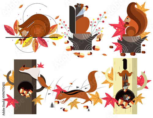 Squirrel Big set isolated animals. Vector collection funny animals. Cute animals: forest, farm, domestic, polar in cartoon style. Giraffe, elephant, crab, rabbit, fox 
