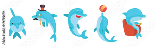 Funny Blue Dolphin Character in Different Pose Vector Set