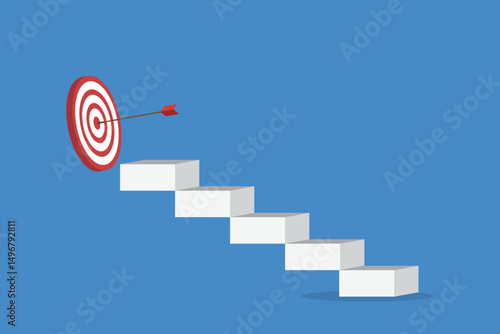 Goal, motivation to success. Climb up stairs to reach goal target on the top.