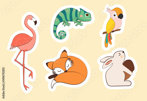 Sticker  Big set isolated animals. Vector collection funny animals. Cute animals: forest, farm, domestic, polar in cartoon style. Giraffe, elephant, crab, rabbit, fox 