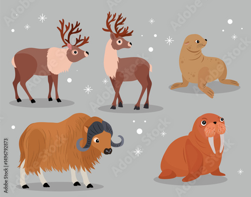 Animal Winter Big set isolated animals. Vector collection funny animals. Cute animals: forest, farm, domestic, polar in cartoon style. Giraffe, elephant, crab, rabbit, fox 