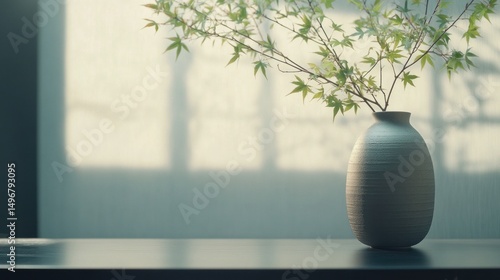 Serene Spring: Minimalist Still Life with Maple Branches in Ceramic Vase