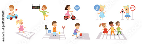 Cute Boys and Girls Learning Traffic Rules Vector Set