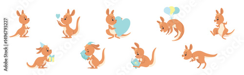 Funny Brown Kangaroo Cub Australian Animal Character in Different Pose Vector Set