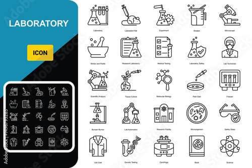 Laboratory icon set. Containing experiment, beaker, test tube, microscope,  burner, flask, chemical, biology, research, lab and more.  vector icons 