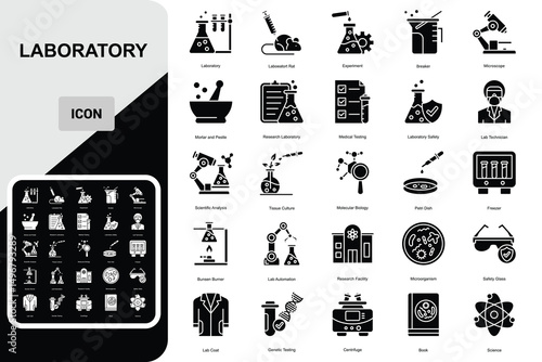 Laboratory icon set. Containing experiment, beaker, test tube, microscope,  burner, flask, chemical, biology, research, lab and more.  vector icons 