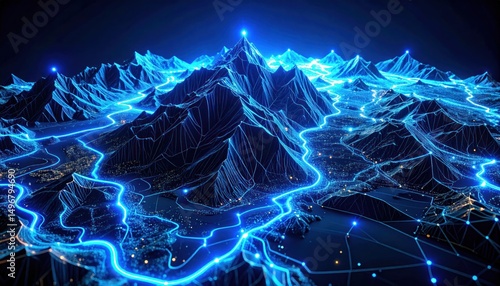 Glowing 3d topographic map with smart sensor overlays