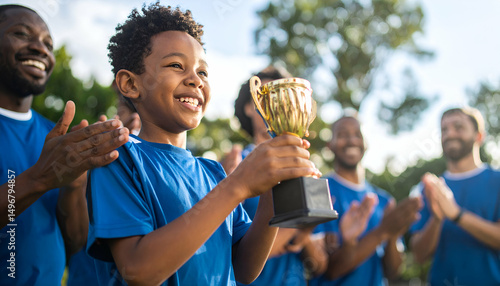 A group of smiling adults enthusiastically clapping to celebrate a young boy’s victory in a sports event. The boy, holding a small trophy