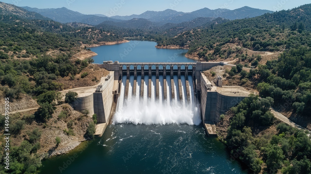 Back view of dam showing wide spillways releasing synchronized columns of water Back view of dam showing wide spillways releasing synchronized columns of water