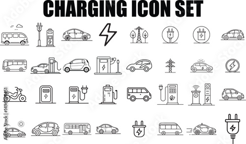 Electric Vehicle Line Icons Set – EV Charging, E-Car, Scooter, Editable Outline Symbols