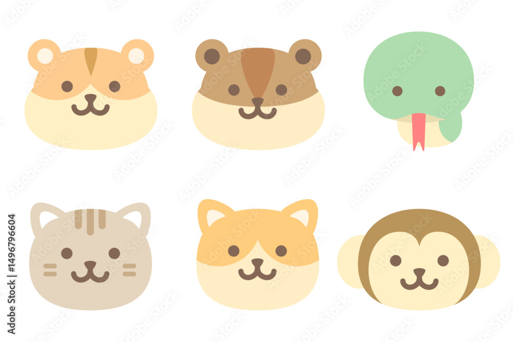 Minimalist Cartoon Animal Faces: Hamster, Bear, Snake, Cat, Fox, Monkey in Pastel Grid for Kids' Decor & Learning Minimalist Cartoon Animal Faces: Hamster, Bear, Snake, Cat, Fox, Monkey in Pastel Grid for Kids' Decor & Learning