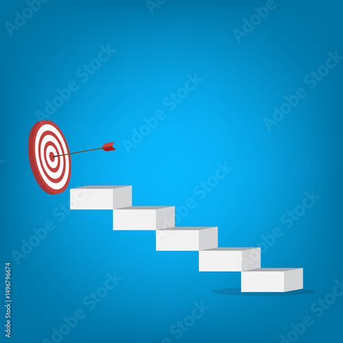Goal, motivation to success. Climb up stairs to reach goal target on the top.