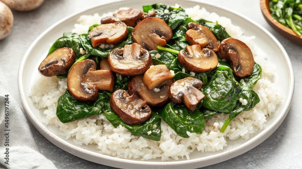 Sauted spinach and garlic mushrooms plated with rice on a glossy white plate Sauted spinach and garlic mushrooms plated with rice on a glossy white plate