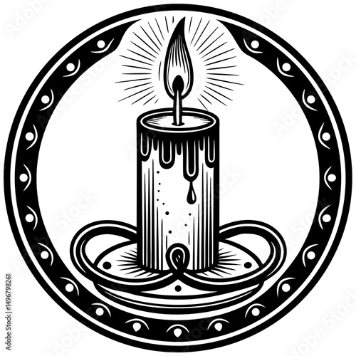 Decorative candle illustration with flame and ornate design  
