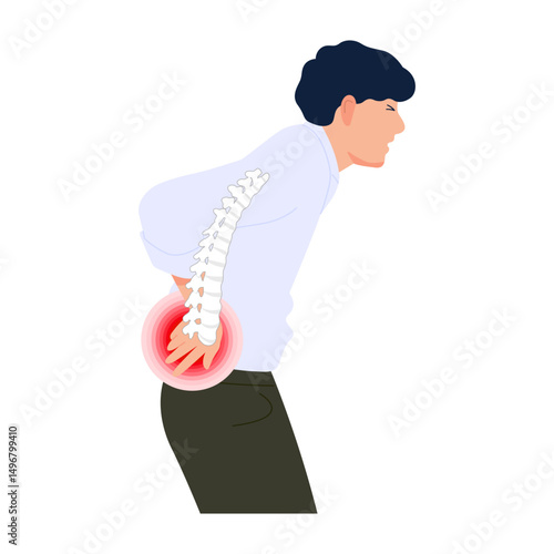 Vector illustration of man with back pain at spine with red warning sign while bending down or standing up from sitting. Sprained waist, fragile back. Flat design isolated on white background.