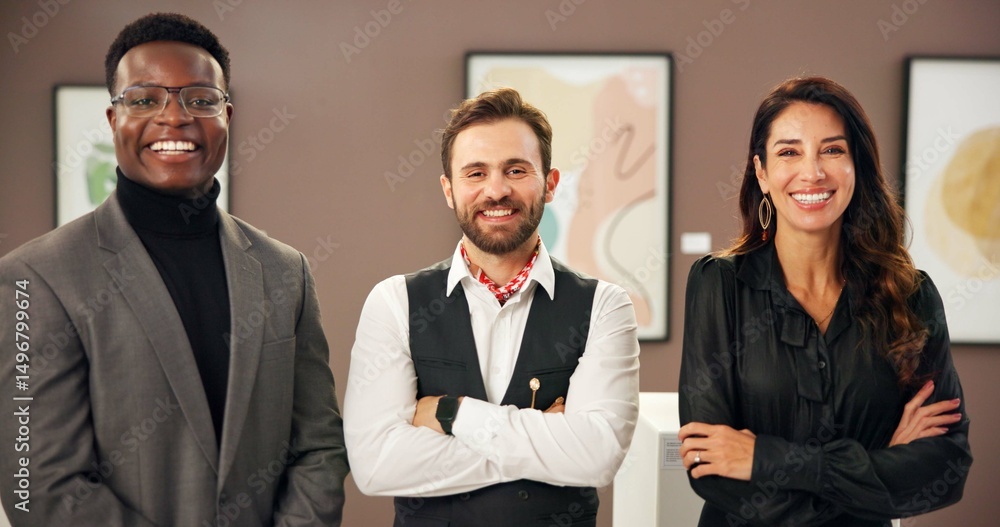 Ταπετσαρία Happy, crossed arms and portrait of art dealers with teamwork, confidence and collaboration in showroom