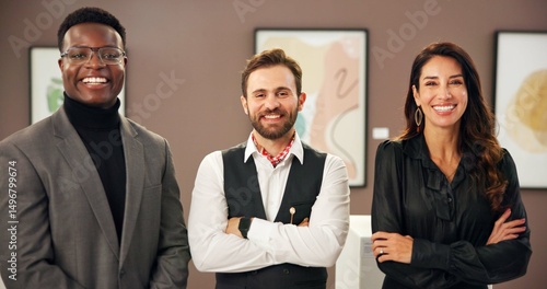 Bild auf Leinwand Happy, crossed arms and portrait of art dealers with teamwork, confidence and collaboration in showroom