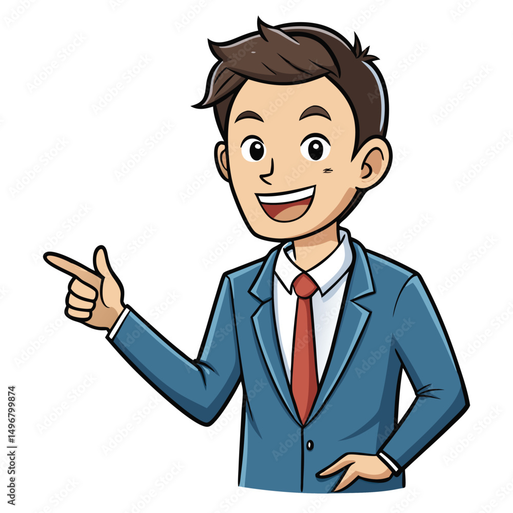 Business man pointing finger at something. Happy face. Hand drawn style vector design illustrations. Business man pointing finger at something. Happy face. Hand drawn style vector design illustrations.