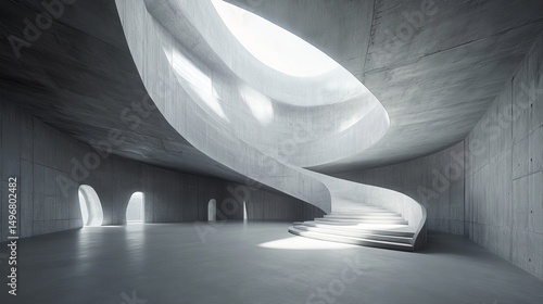 Modern concrete spiral staircase in an open-plan interior space