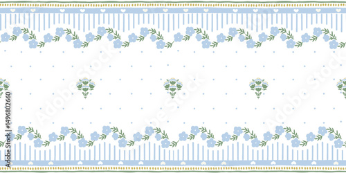 Blue flowers with green leaves seamless border pattern on dotted white background with hearts and stripes. Vector cute cartoon hand drawn illustration.
