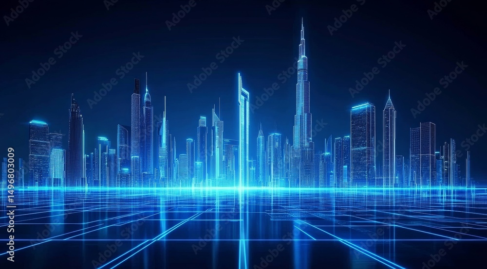 Fototapeta premium Neon-lit futuristic cityscape with skyscrapers and grid lines