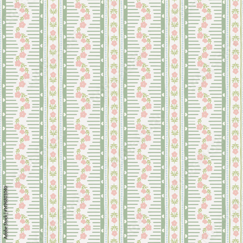 Vector cute cartoon hand drawn illustration. Pink flower and leaf seamless pattern on vertically striped background with heart Ideal textile printing, baby clothes, wallpaper, scrubbing.