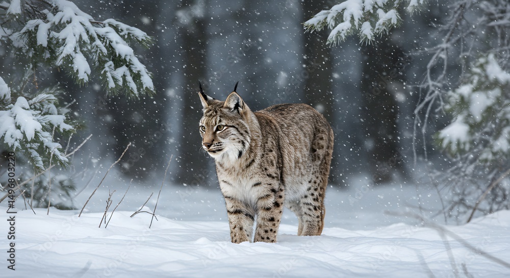 Realistic illustration of a lynx walking through a snowy winter forest Realistic illustration of a lynx walking through a snowy winter forest