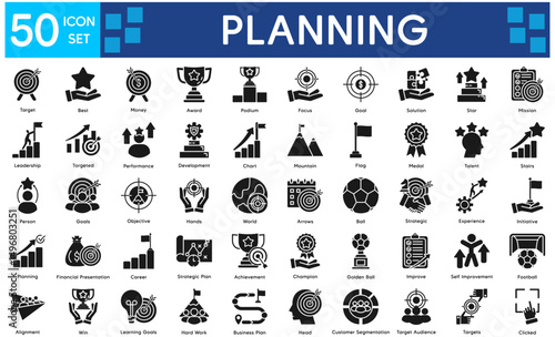 Planning Icons Collection related to  Goal, Target, Strategy, Success, Achievement, Objective, Aim, Purpose, Plan, Vision, Mission.