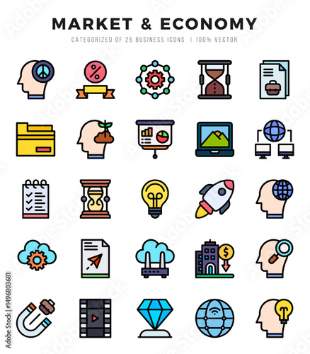Vector Market & Economy types icon set in Lineal Color style. vector illustration.