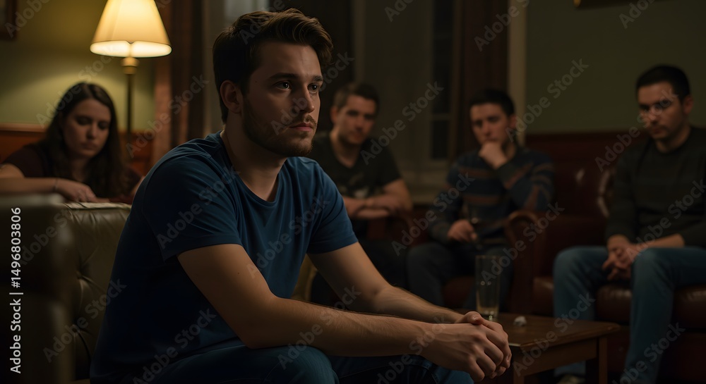 Obraz premium Suspenseful Gathering A Group's Tense Encounter in Dimly Lit Room