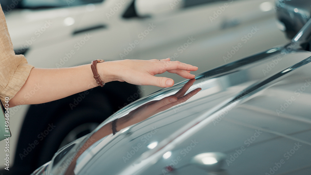 Obraz premium Touch, car dealership and inspection with hand of person for transportation choice, test drive and driver decision. Vehicle purchase, auto insurance and rental with closeup of customer in showroom