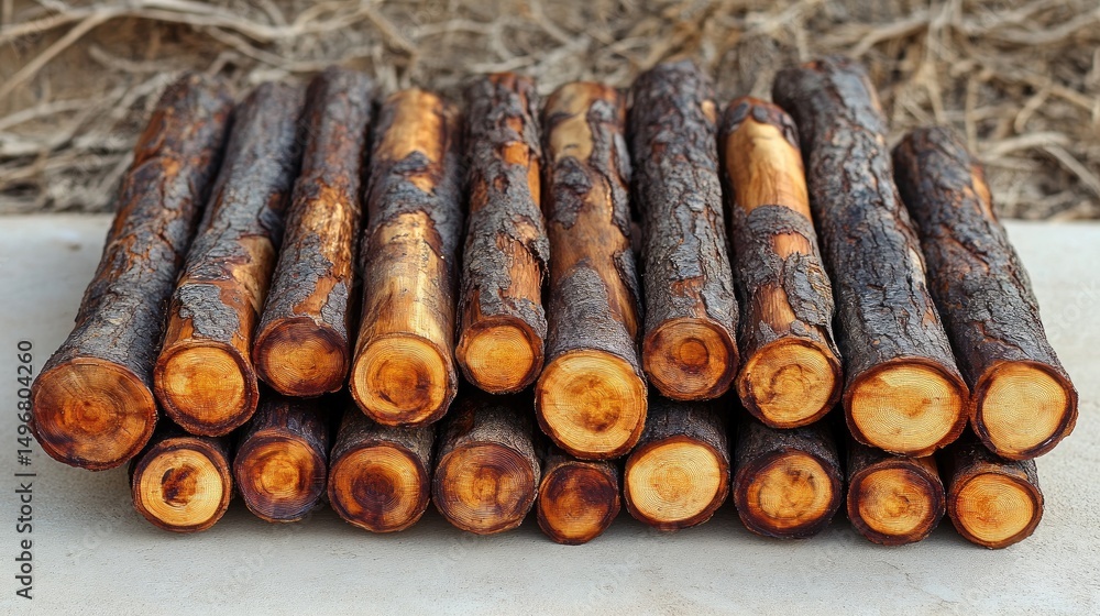 Stacked Wooden Logs Outdoors. Stacked Wooden Logs Outdoors.