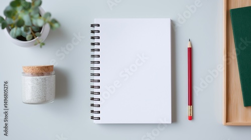 Notebook and pencil arranged on a clean desk with potted plant and jar