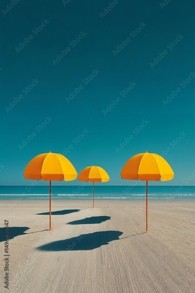 Tres sombrillas amarillas en una playa arenosa bajo un cielo azul intenso. Las sombras largas se proyectan sobre la arena. Tres sombrillas amarillas en una playa arenosa bajo un cielo azul intenso. Las sombras largas se proyectan sobre la arena.