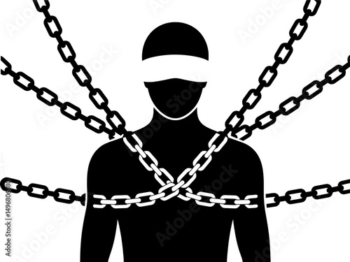 A blindfolded human figure constrained by chains, representing themes of manipulation, oppression, and a loss of autonomy, suitable for editorial use, conceptual art, and awareness initiatives