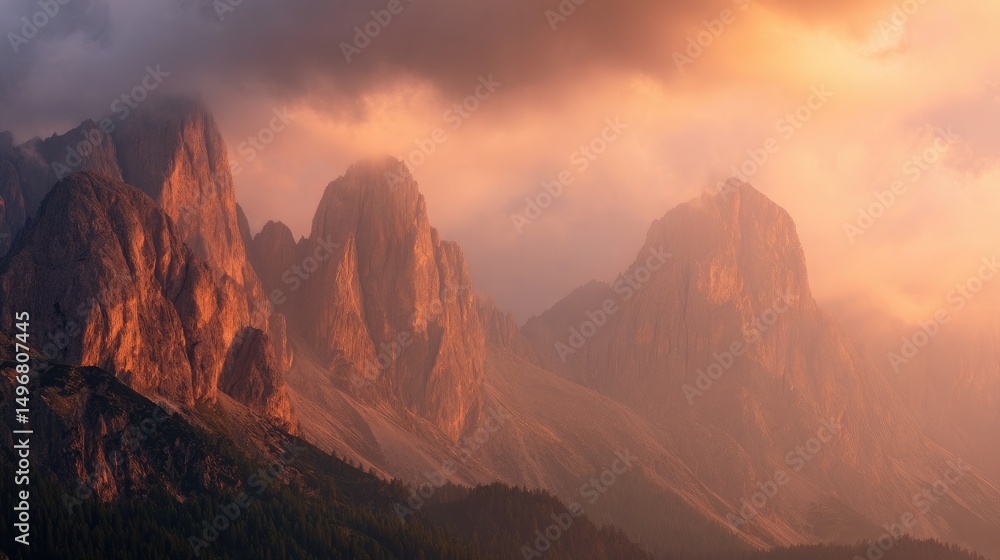 Naklejka premium mountain peaks with orange sunset light and fog a summer travel vacation, landscape photography.