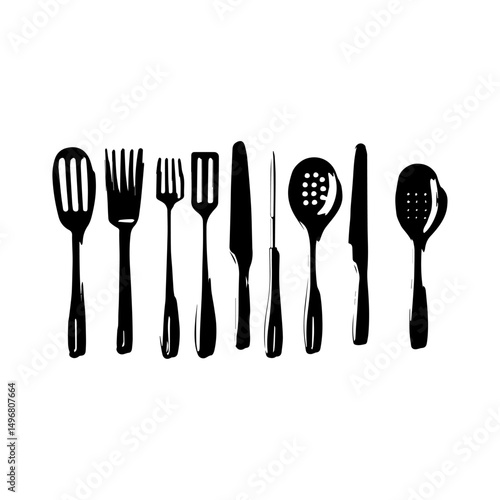 spoon and fork set. Set of restaurant icons. Silhouette cutlery icon, Steel Spoon Set, Spoon Set, Cutlery Set, Stainless Steel Spoon Set. Black cutlery set, Kitchen silhouette set.