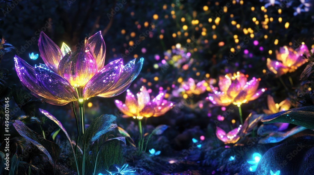 Luminous enchanted garden with glowing lotus flowers at twilight mystical hour Luminous enchanted garden with glowing lotus flowers at twilight mystical hour