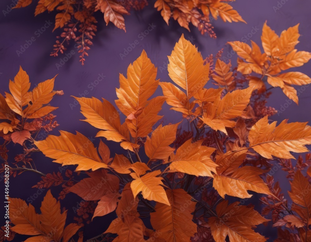 Intricate orange leaf arrangement, rich violet textured background , fall, backdrop, template Intricate orange leaf arrangement, rich violet textured background , fall, backdrop, template