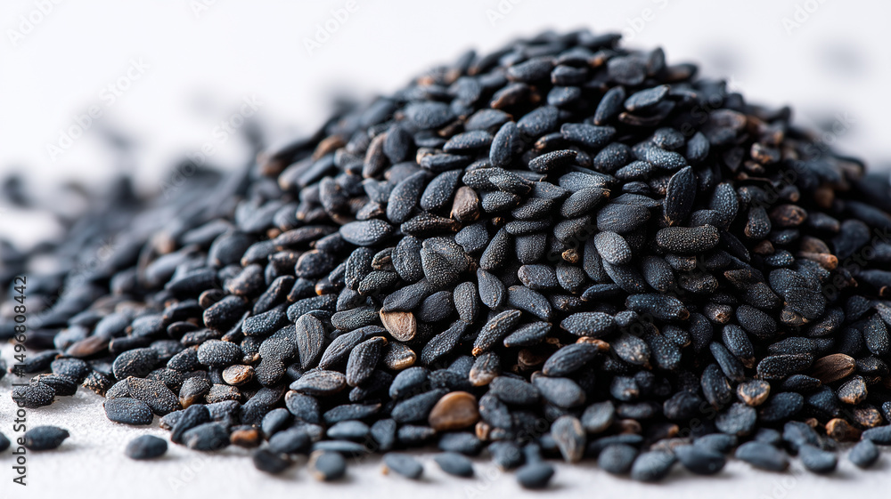 Obraz premium Black sesame seeds scattered neatly, showcasing their rich texture and color