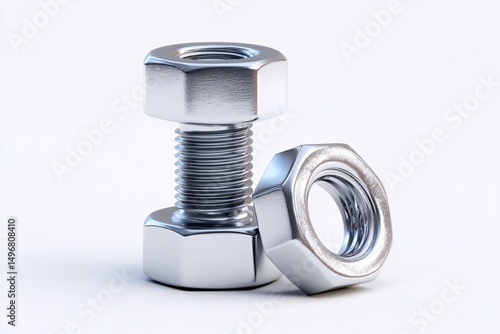3D bolt and nut, modern design, isolated on a plain white surface for clarity