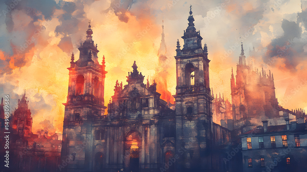 Fototapeta premium Cathedral of Santiago de Compostela. Cathedral of Santiago de Compostela hand drawn watercolor illustration