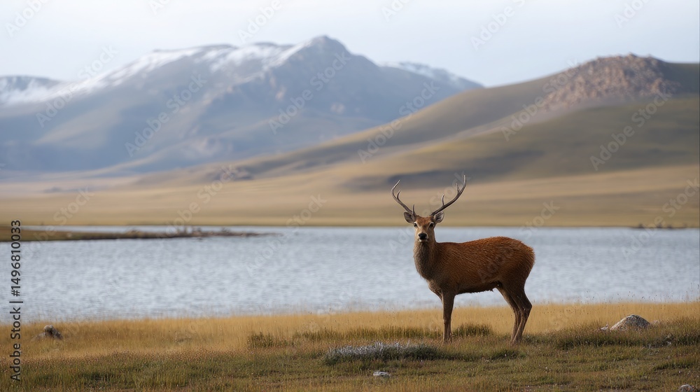 Naklejka premium Photograph of a Mongolian red deer in the grassland near a lake, with a mountainous landscape in the background.