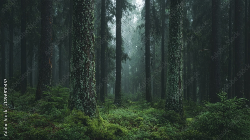 Fototapeta premium Slim tall trees in dark forest with green moss and ferns and fog, natural style.