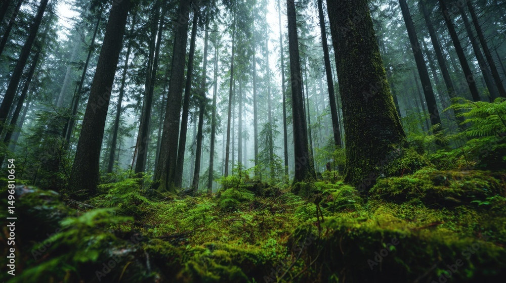 Slim tall trees in dark forest with green moss and ferns and fog, natural style. Slim tall trees in dark forest with green moss and ferns and fog, natural style.