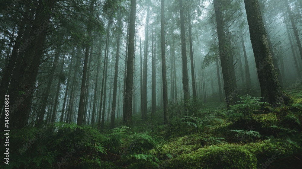 Naklejka premium Slim tall trees in dark forest with green moss and ferns and fog, natural style.