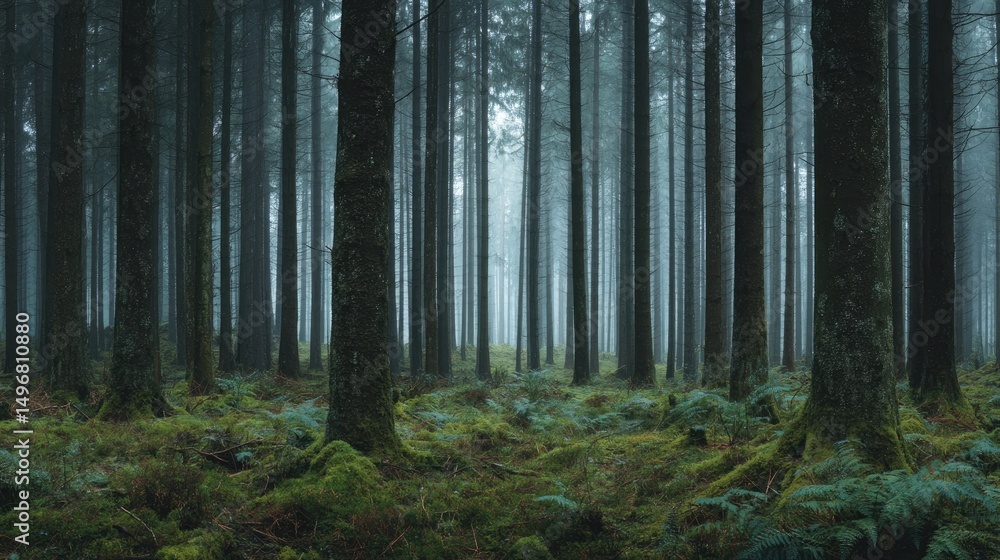 Fototapeta premium Slim tall trees in dark forest with green moss and ferns and fog, natural style.