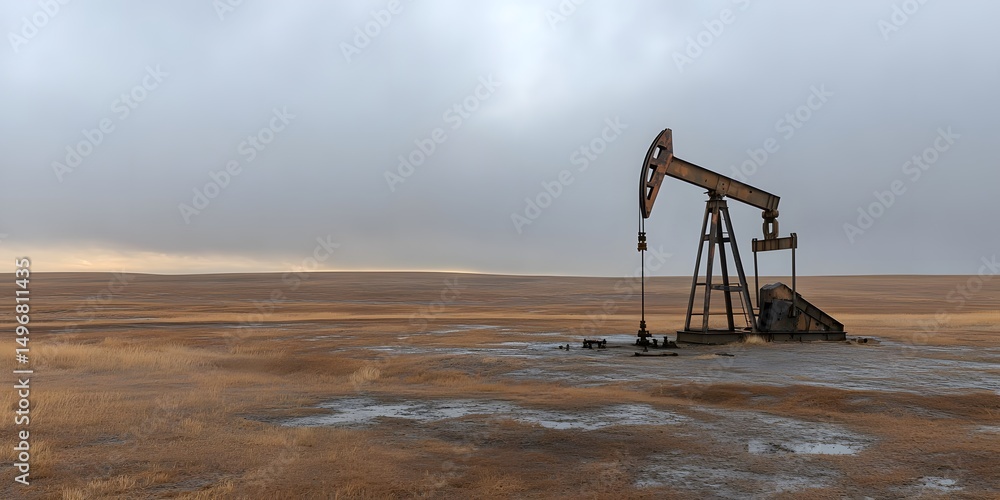 Naklejka premium Abandoned�oil�derrick in barren landscape.
