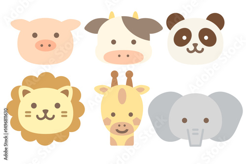 Playful Farm & Safari Animal Faces: Pig, Cow, Panda, Lion, Giraffe, Elephant in Minimalist Pastel Grid for Kids' Decor