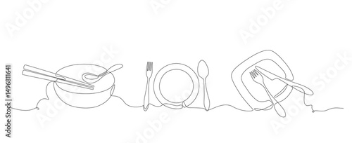 Continuous one line drawing of various tableware, including bowls, plates, spoons, forks, knives, and chopsticks. The minimalist line art represents food culture in a creative, modern style, Editable 